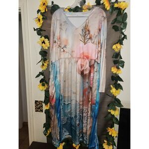 Women's 3XL Floral Rose Watercolor Print Maxi Dress V-Neck Long Sleeve Empire Wa